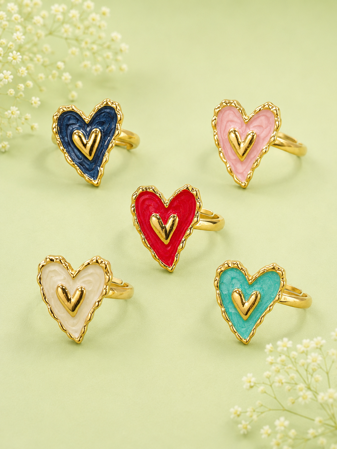 Enamel Heart Gold-Tone Adjustable Finger Ring for Women | Statement Ring