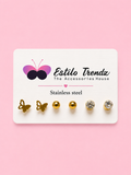 Stainless Steel Butterfly & Crystal Stud Earrings Set – 3 Pairs
