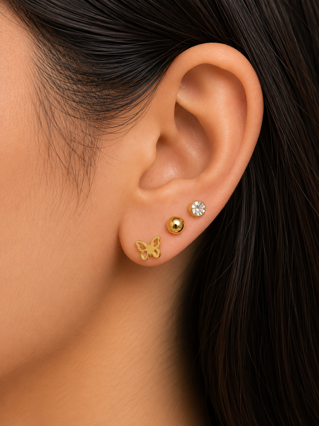 Stainless Steel Butterfly & Crystal Stud Earrings Set – 3 Pairs