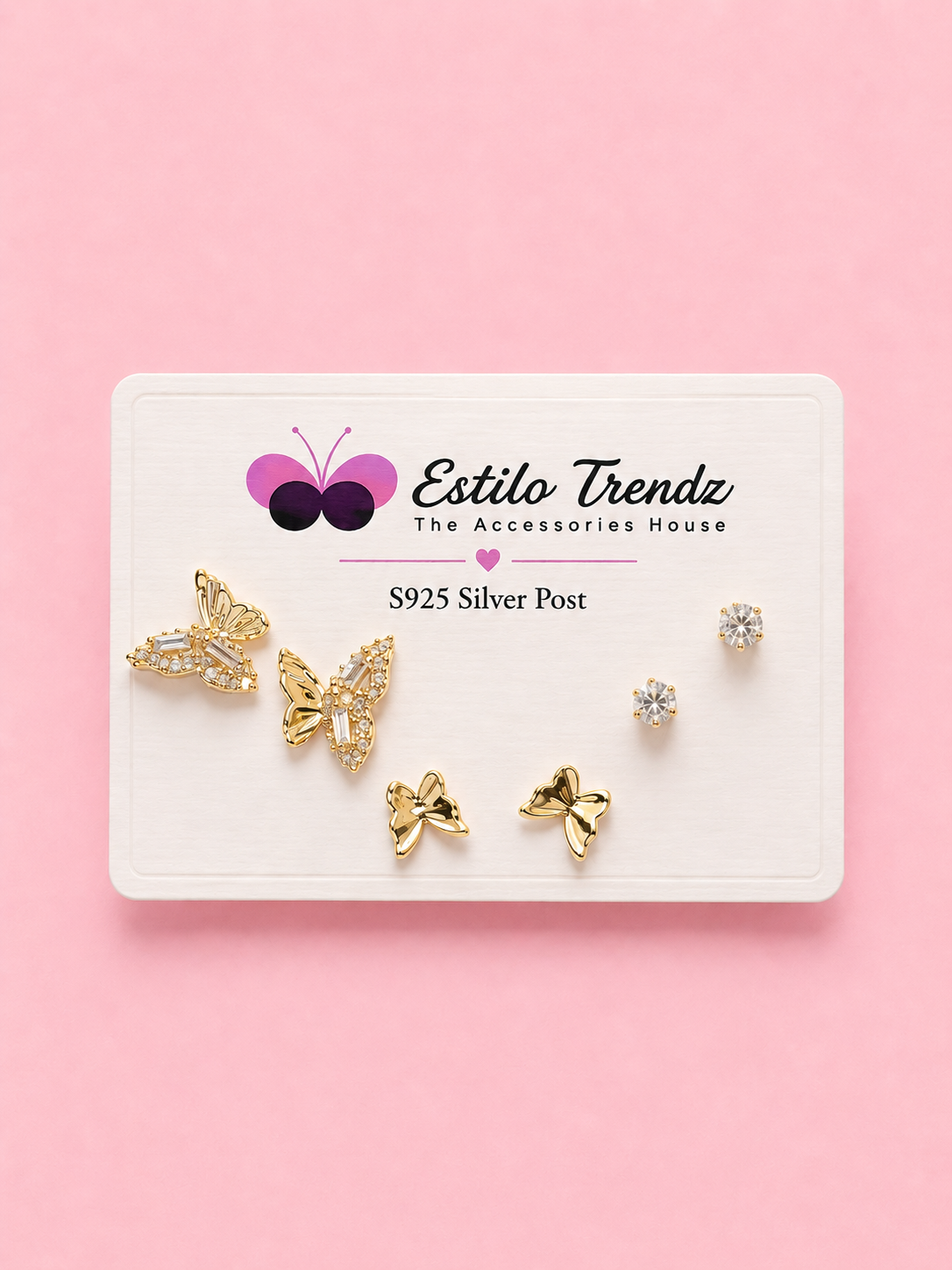 S925 Silver Post Butterfly & Crystal Stud Earrings Set – Gold Tone (3 Pairs)