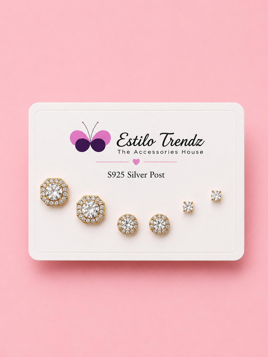 S925 Sterling Silver Gold-Tone Cubic Zirconia Stud Earrings Set – 3 Pairs