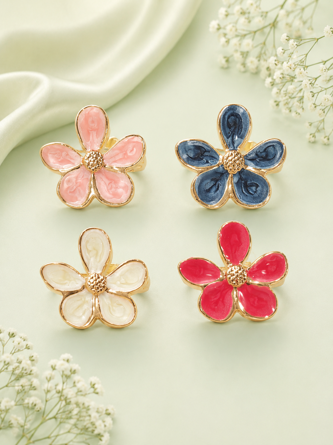 Enamel Floral Gold-Tone Adjustable Finger Ring for Women | Statement Flower Ring
