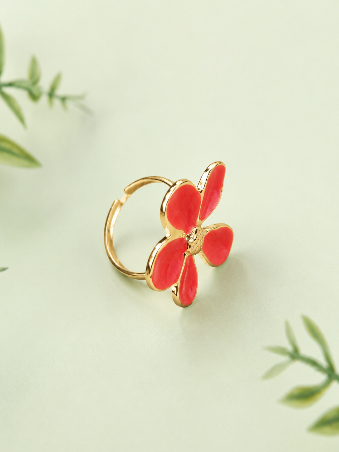 Enamel Floral Gold-Tone Adjustable Finger Ring for Women | Statement Flower Ring