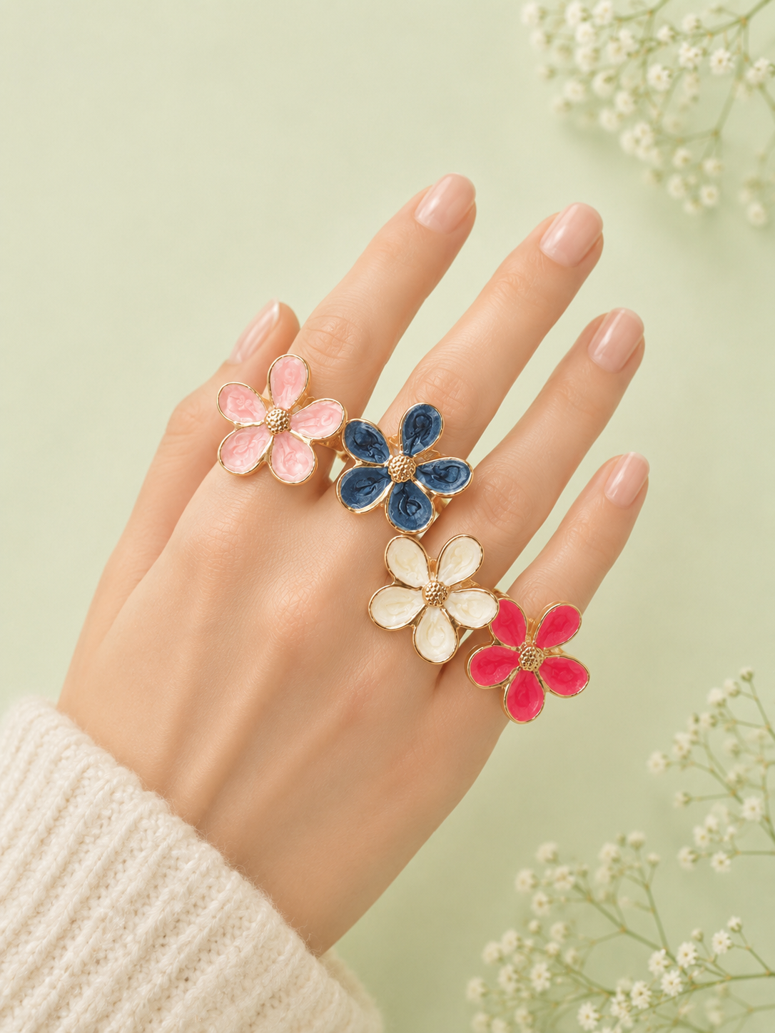 Enamel Floral Gold-Tone Adjustable Finger Ring for Women | Statement Flower Ring