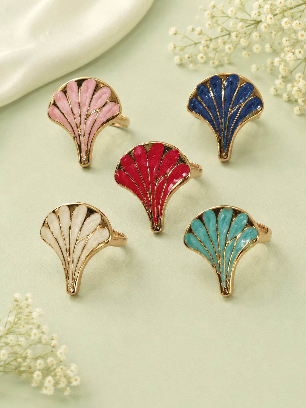 Adjustable Enamel Fan Leaf Finger Ring for Women | Gold-Tone Statement Ring
