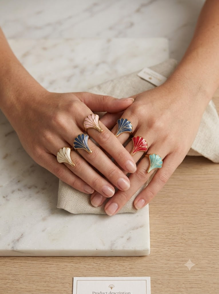 Adjustable Enamel Fan Leaf Finger Ring for Women | Gold-Tone Statement Ring