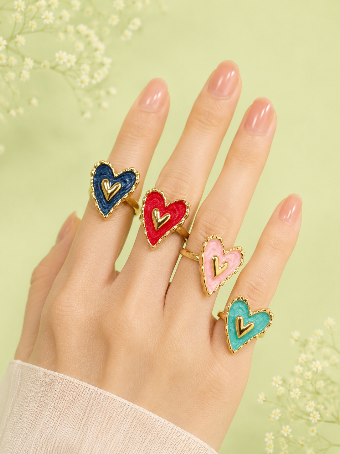 Enamel Heart Gold-Tone Adjustable Finger Ring for Women | Statement Ring