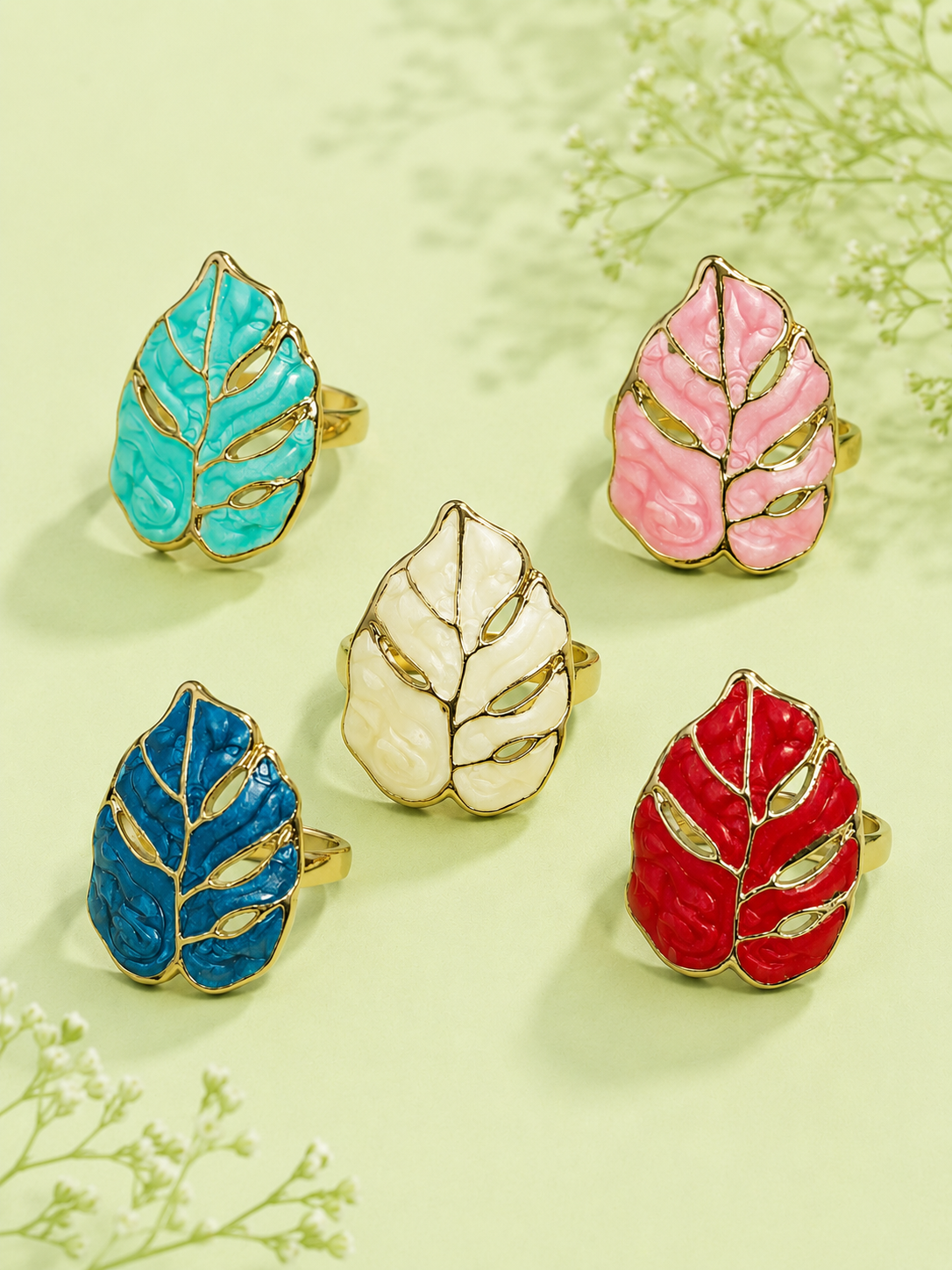 Enamel Tropical Leaf Gold-Tone Adjustable Ring for Women | Statement Tropical Leaf Ring