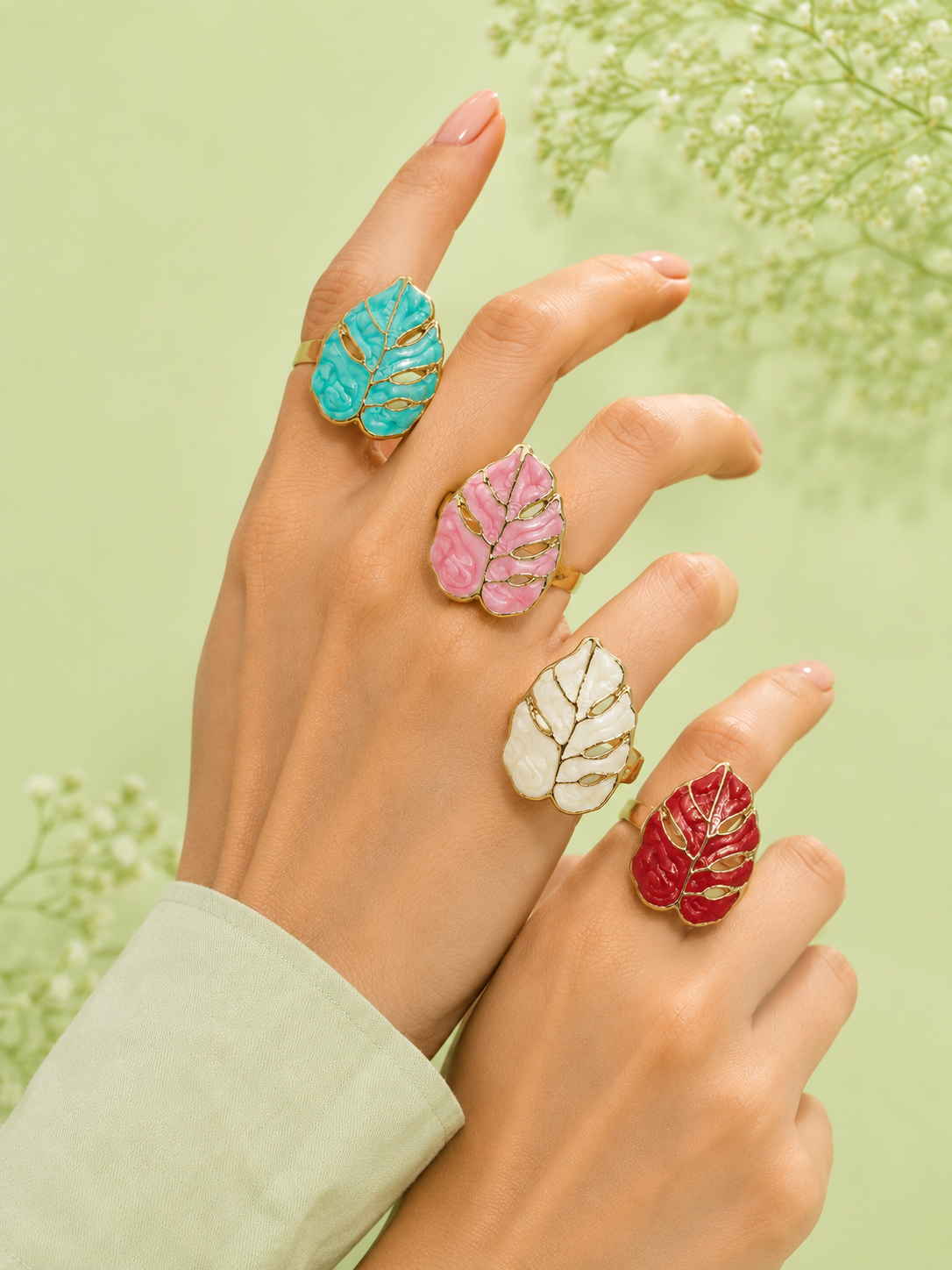 Enamel Tropical Leaf Gold-Tone Adjustable Ring for Women | Statement Tropical Leaf Ring